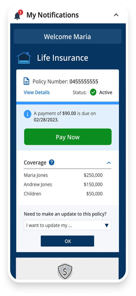 MyPrimerica - A screenshot of the MyPrimerica app showing life insurance policy status and coverage amounts for a family.