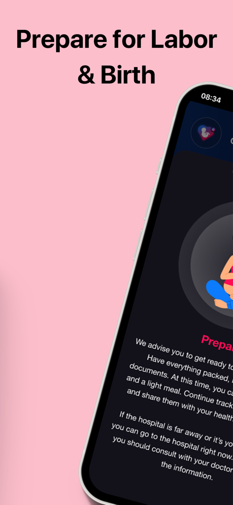 Contraction Timer · - Una pantalla de iPhone que muestra consejos de preparación para el parto y el nacimiento dentro de la aplicación Contraction Timer.