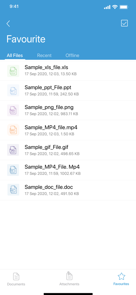 ManageEngine MDM app screen showing a list of favorite secure corporate documents and various file formats