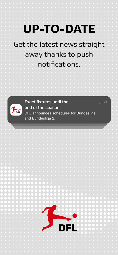 Une capture d'écran mobile montrant la fonctionnalité de l'application DFL pour les notifications push concernant les calendriers officiels des matchs de la Bundesliga.