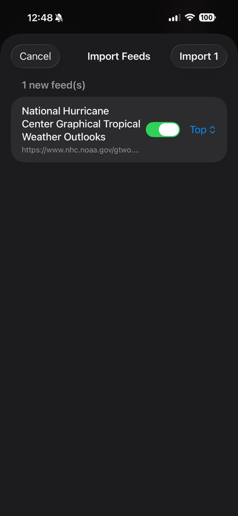OpenWire RSS Reader - Interfaz de OpenWire Lector RSS mostrando la pantalla de Importar Feeds con un interruptor para el pronóstico meteorológico del Centro Nacional de Huracanes.