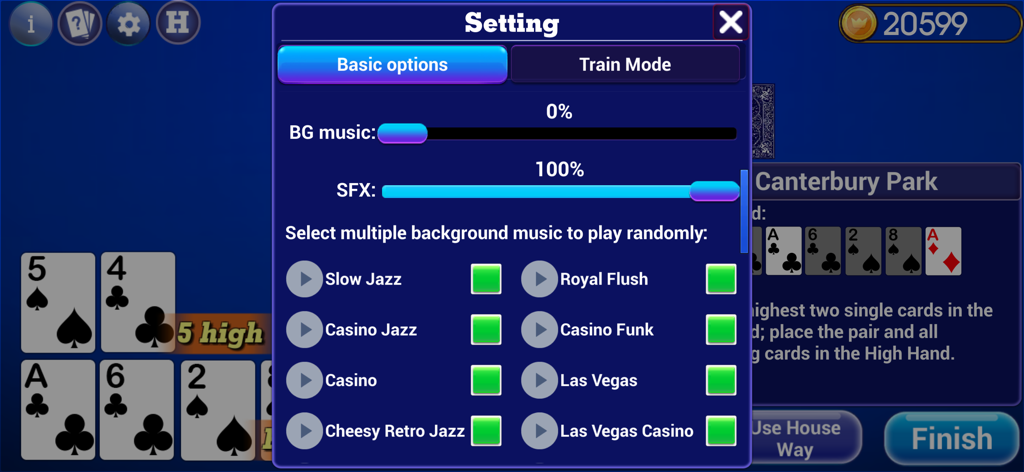 Pai Gow Poker Trainer - Settings menu for audio and music in the Pai Gow Poker Trainer app.