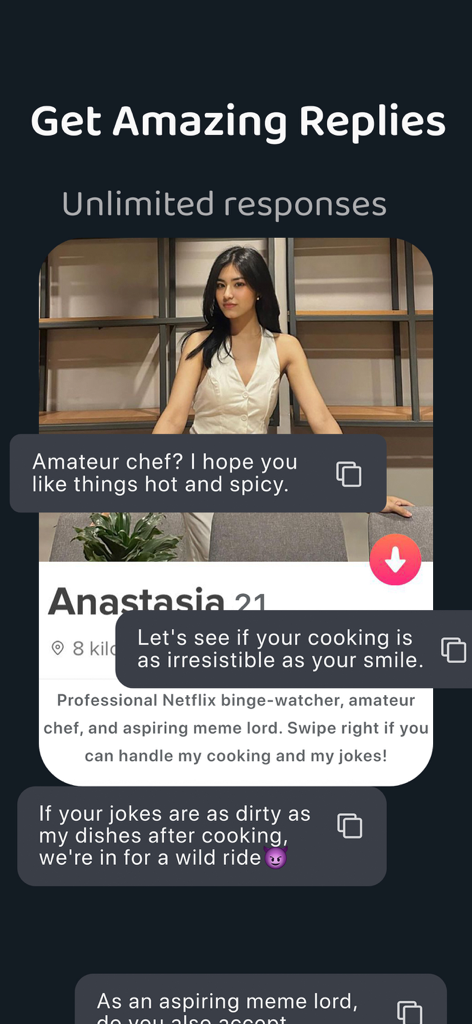 Wingman AI: Texting Guide - Interface de l'application Wingman AI montrant plusieurs options de réponses textuelles automatisées pour un profil de rencontre.