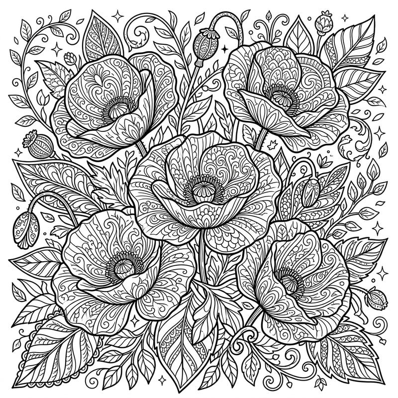 Dive into the exquisite beauty of blue poppies with this stunning adult coloring page. Featuring intricate floral patterns, it's perfect for a relaxing and mindful creative escape.