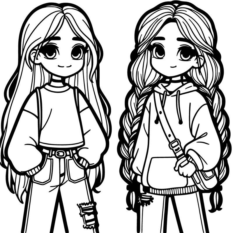 a girl with long hair with braids and with jeans in a baggie sweatshirt with a friend