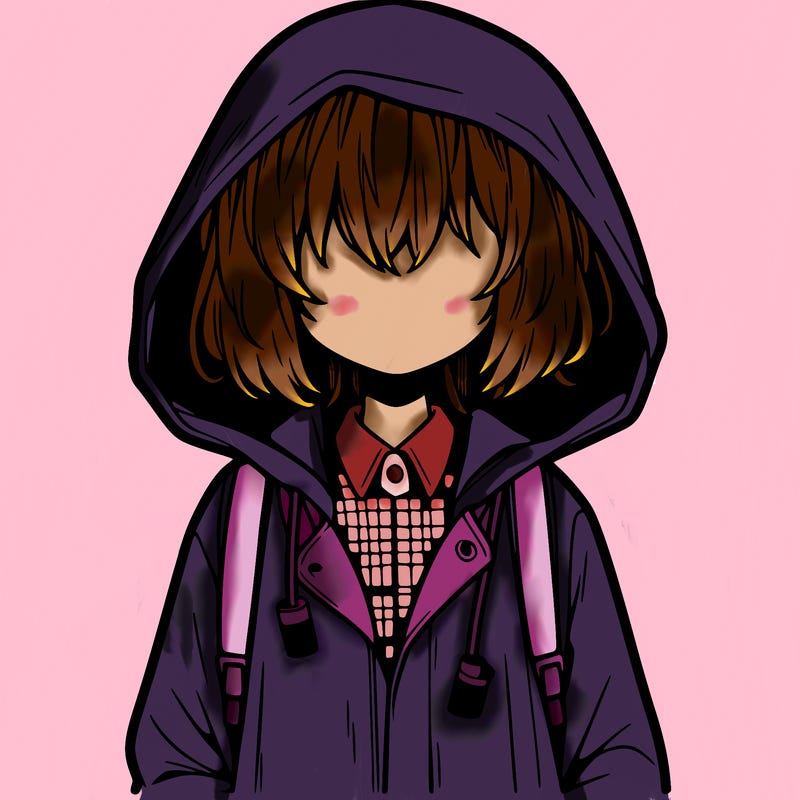 little anime girl in a raincoat her hair is covering her eyes she has a lighter