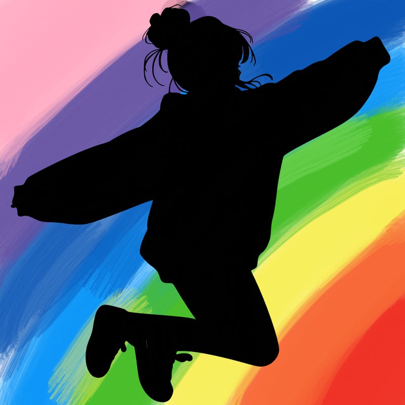 realistic girl jumping with a bun and oversized sweatshirt