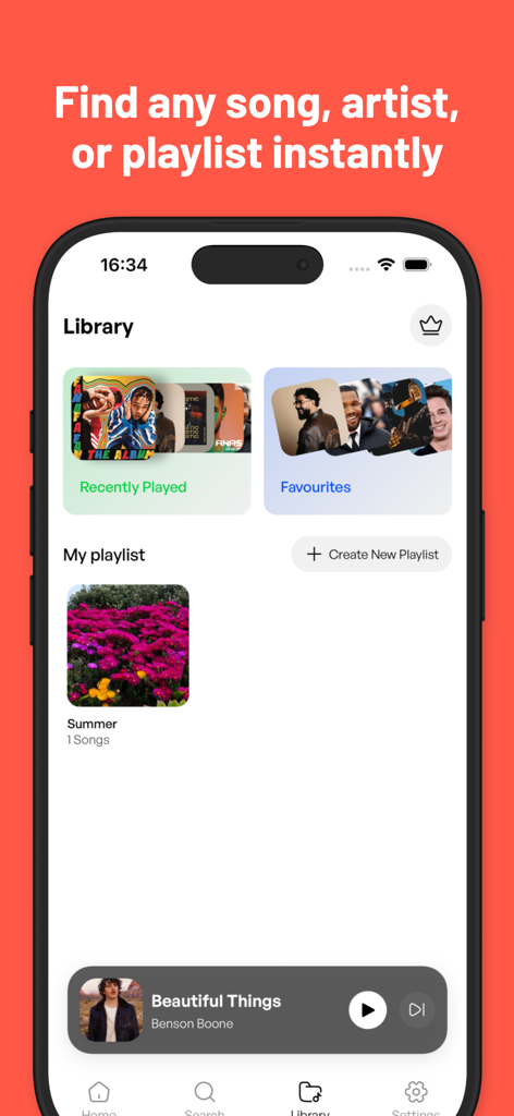 Music  : Cloud Music Streaming - 최근 재생한 곡과 개인 재생 목록을 보여주는 Music Cloud Streaming 앱 라이브러리 화면