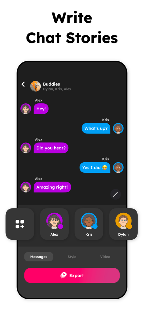 TextingStory Chat Story Maker - Mobile app interface showing a chat conversation with purple and blue bubbles and character avatars for storytelling