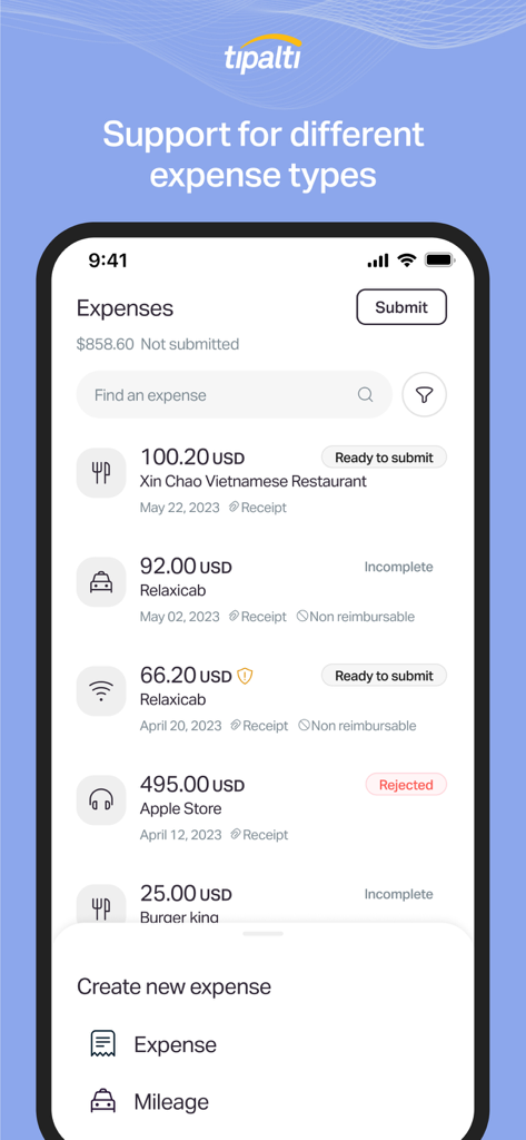 Interface do aplicativo móvel Tipalti Expenses mostrando uma lista de despesas de negócios categorizadas e opções para criar novas entradas de despesas ou quilometragem