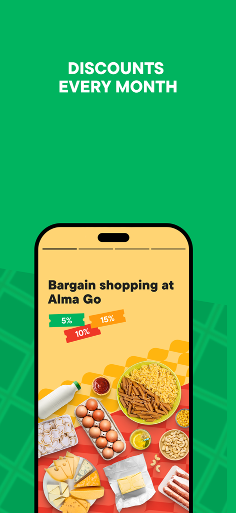Alma Go – доставка продуктов - Alma Go app screen showcasing monthly grocery discounts and bargain deals