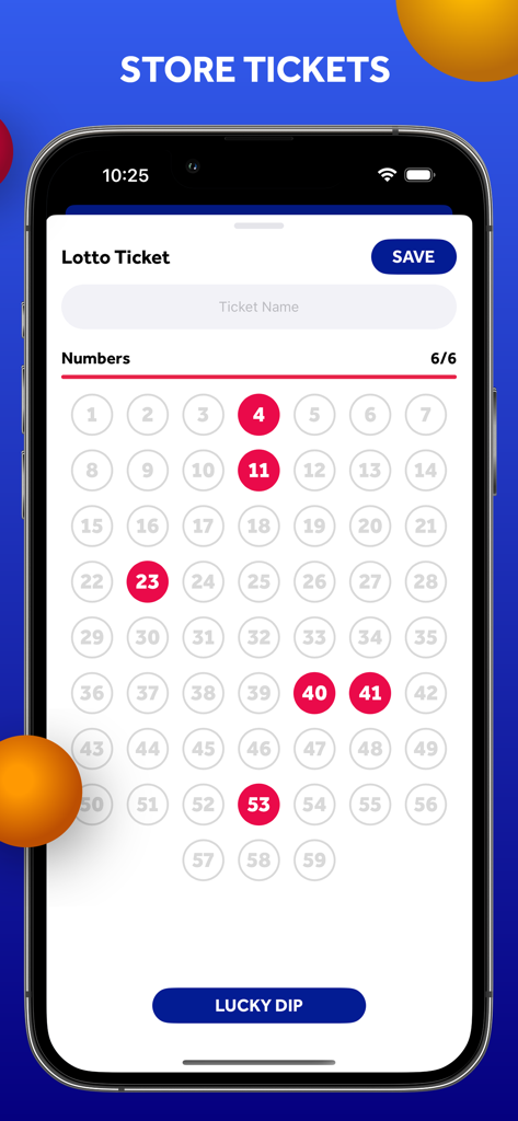 National Lottery Live Scanner - Mobile app interface showing a grid of numbers for selecting and saving a National Lottery ticket.