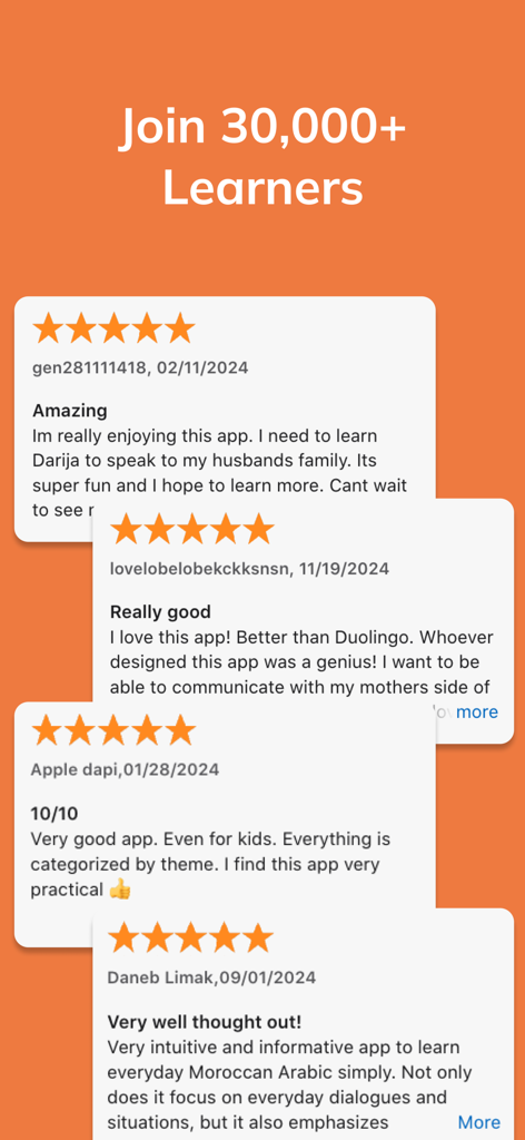 Morolingo: Darija & Amazigh - A collection of positive five star user reviews and testimonials for the Morolingo language learning app