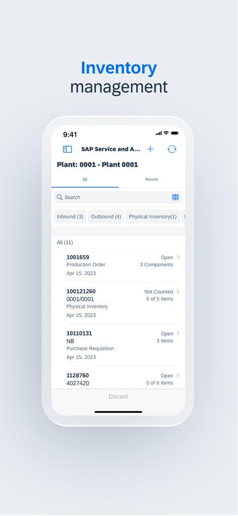 SAP Service and Asset Manager - Die Lagerverwaltungsoberfläche der SAP Service and Asset Manager App, die eine Liste von Produktionsaufträgen und Einkaufsanforderungen anzeigt.