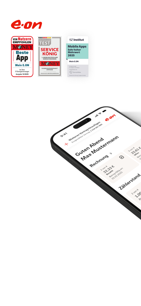 Mein E.ON - Captura de pantalla del panel de la aplicación Mein E.ON en un smartphone que muestra información de facturación y distintivos de premios de servicio.