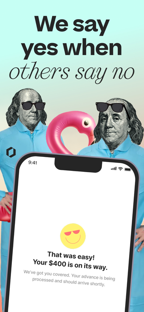 Klover app interface confirming a four hundred dollar cash advance with stylized Benjamin Franklin graphics
