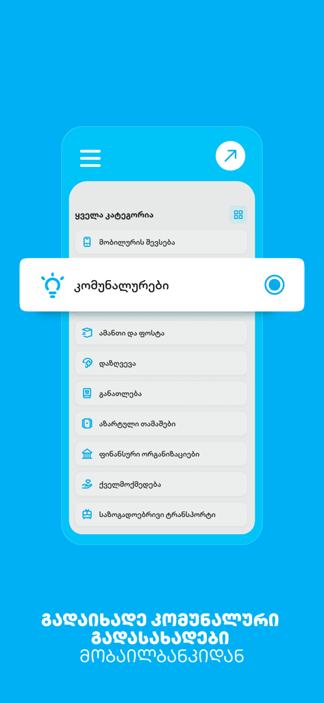 TBC Bank - Interfaz móvil de la aplicación TBC Bank que muestra categorías de pago de servicios públicos en georgiano.
