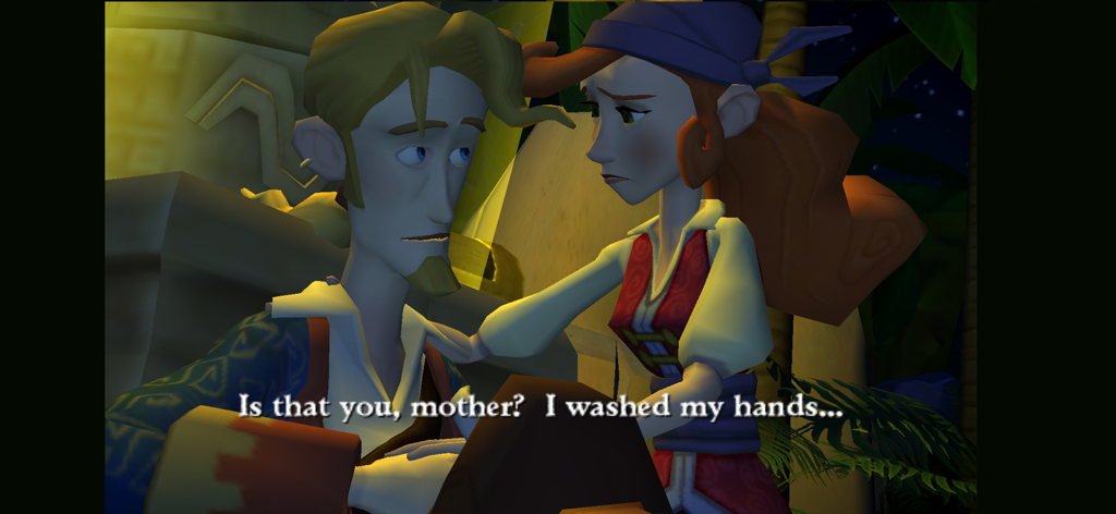 Guybrush Threepwood y Morgan LeFlay en una escena de diálogo de Tales of Monkey Island Episodio 4