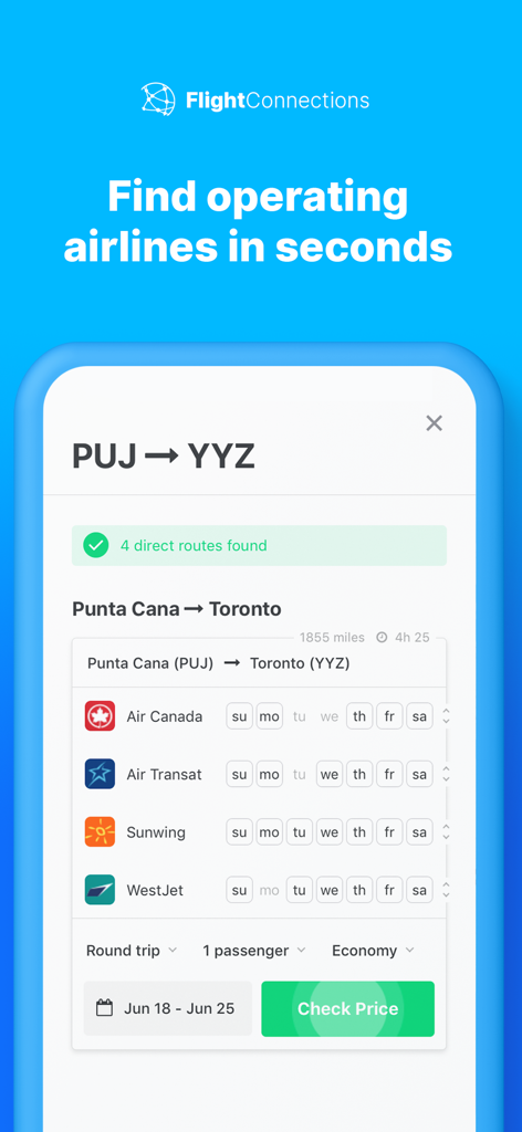 Pantalla de la aplicación FlightConnections que muestra rutas de vuelos directos y horarios semanales de Punta Cana a Toronto.