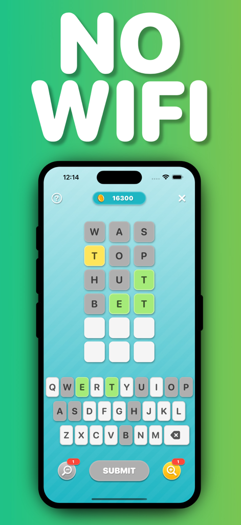 Word Puzzle: No Ads, No Wifi! - Smartphone displaying a word puzzle game interface with the text No Wifi prominently displayed at the top