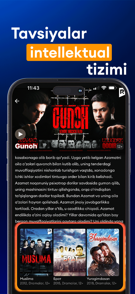 Click TV - Мобильная версия - Click TV mobile app movie details screen showing film posters and descriptions in Uzbek.
