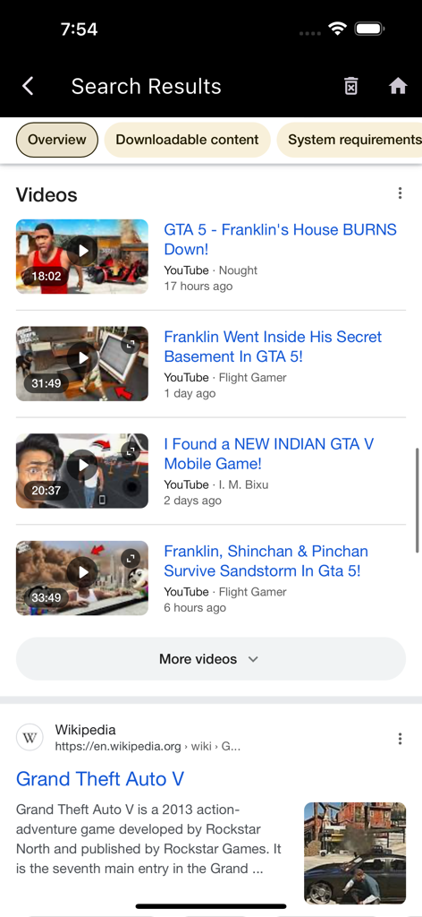 Mobile app screen displaying search results with GTA 5 YouTube videos and game information