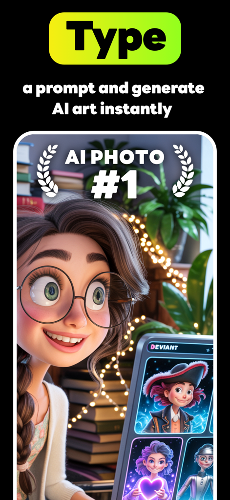 DeviantArt AI - DeviantArt AI app screen showing how to generate AI art from prompts with a 3D character illustration