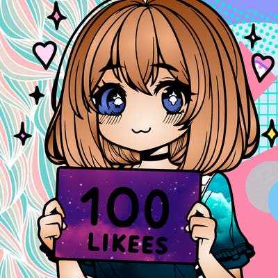 anima girl holding a 100 likes sign in her hand