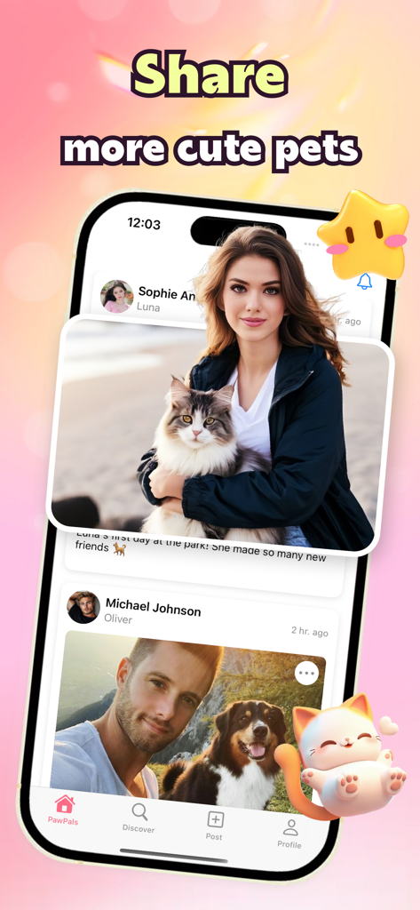 Il feed social dell'app Zttao che mostra proprietari di animali che condividono foto dei loro gatti e cani