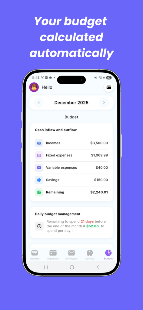 Finzee app budget overview showing income, expenses, savings, and daily spending limit.