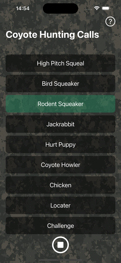 Coyote Hunting Calls - Coyote Hunting Calls app screen showing a menu of professional predator calls with a camouflage background.