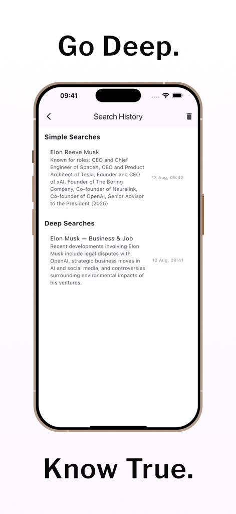 Tela de histórico de pesquisa exibindo resultados de perfil detalhados, simples e profundos em um iPhone