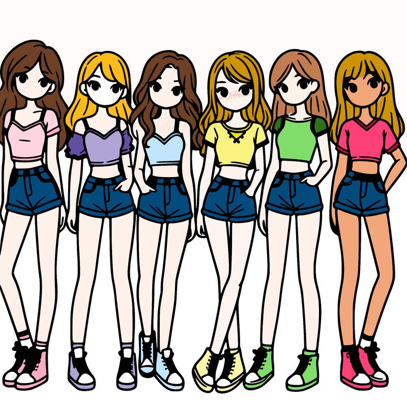 a group of girls wearing crop tops and shorts