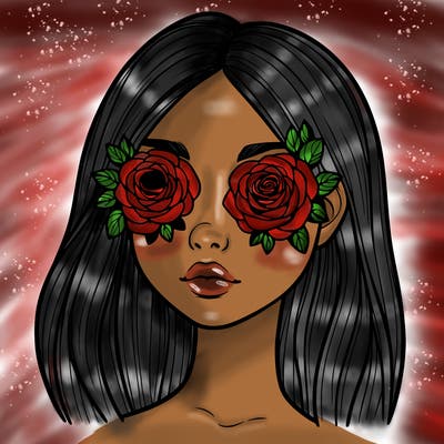 a realistic girl with roses for eyes