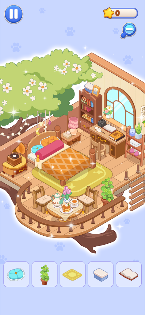 A cozy treehouse bedroom with cute furniture and decorative items in a home design game