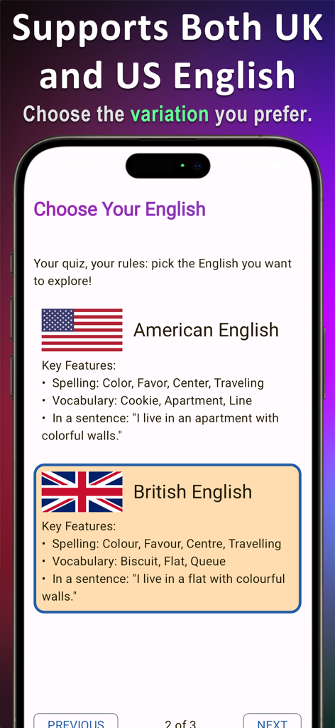 English Grammar Expert AI - Screenshot of the English Grammar Expert AI app showing the option to choose between American and British English variations
