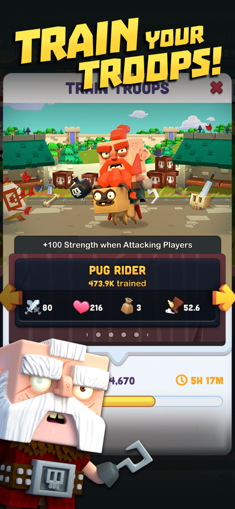 Kingdoms of HF - Dragon War - Screen showing Pug Rider troop training in Kingdoms of Heckfire
