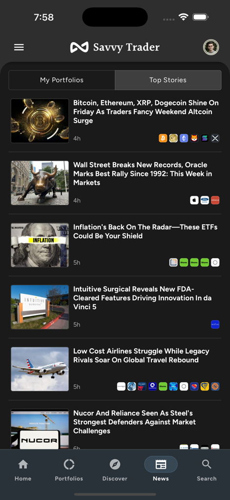 Mobile interface of Savvy Trader showing a news feed with stories about cryptocurrency and the stock market