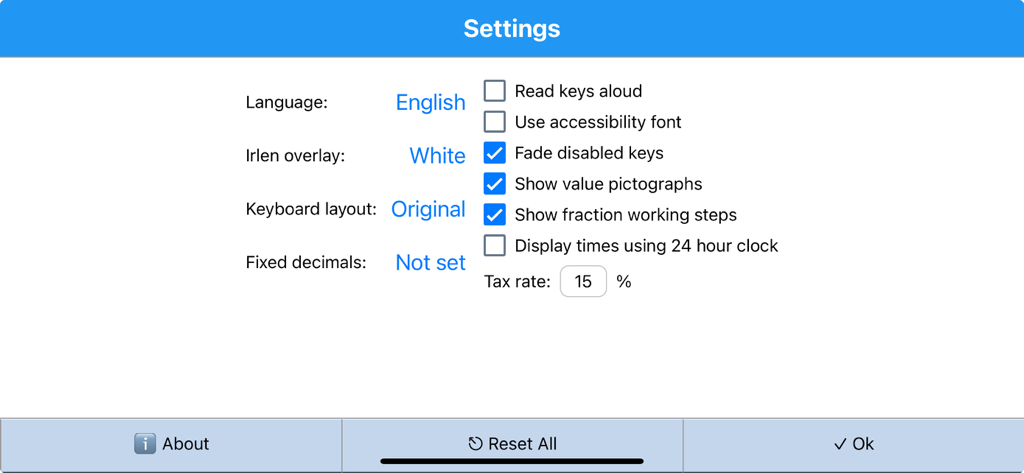 The settings menu of DysCalculator showing accessibility options like dyslexia font and Irlen overlay
