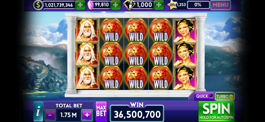 Slot Bonanza- 777 Vegas casino - A Greek mythology themed slot machine in Slot Bonanza displaying a big win of over 36 million coins