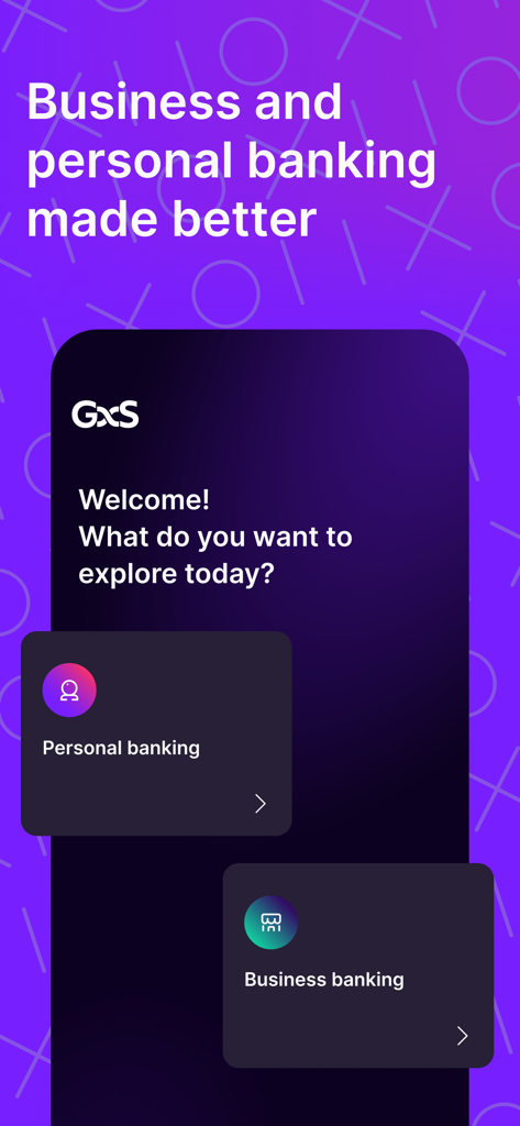 GXS Bank - GXS Bank app interface displaying choices for personal and business banking accounts