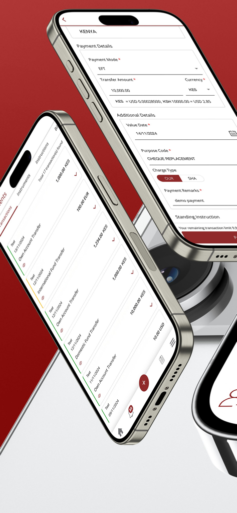 Equity Online for Business - Mobile interface of Equity Online for Business app showing international fund transfers and payment details