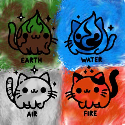 4 cats that represent the different elements, earth, water, air, and fire