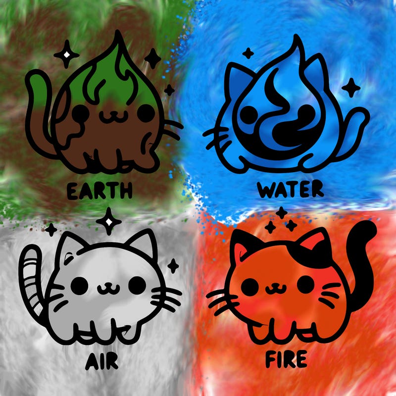 4 cats that represent the different elements, earth, water, air, and fire
