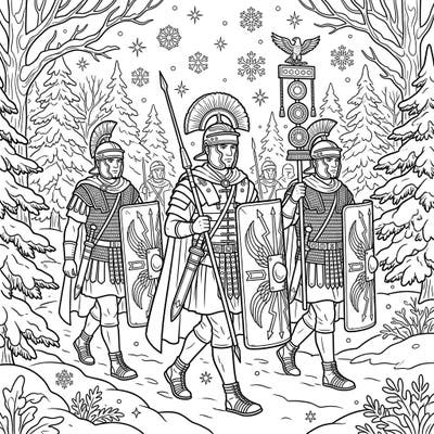 Step back in time with this captivating coloring page depicting Roman Legionaries on a wintry march. Explore the intricate details of their armor and the snow-covered forest as you bring this historical scene to life.