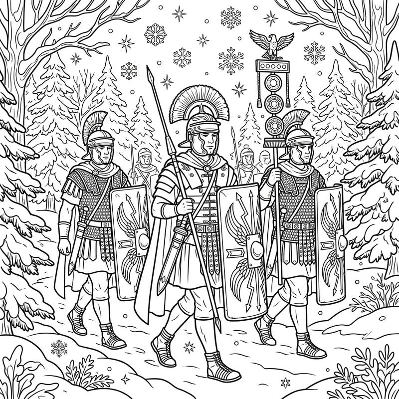 Step back in time with this captivating coloring page depicting Roman Legionaries on a wintry march. Explore the intricate details of their armor and the snow-covered forest as you bring this historical scene to life.