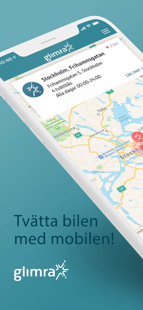 Glimra - Glimra mobile app interface showing a map with a car wash location selected in Stockholm and the text wash your car with your mobile