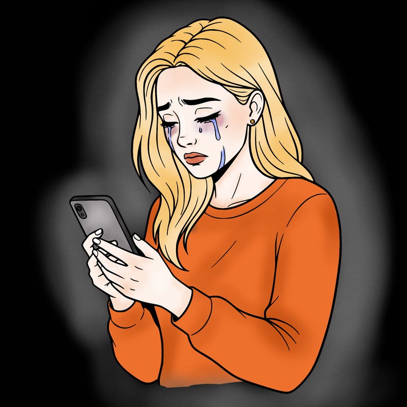 a beautiful woman crying while staring down at a phone with blank background