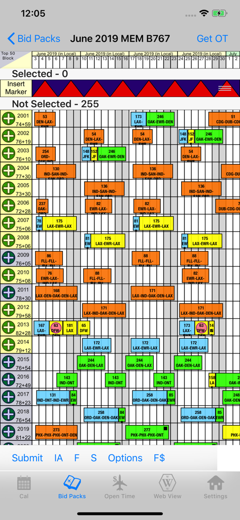 BidX Mobile Edition - Interfaz móvil para pilotos de FedEx que muestra una cuadrícula de paquetes de licitación de vuelos y horarios de viajes disponibles