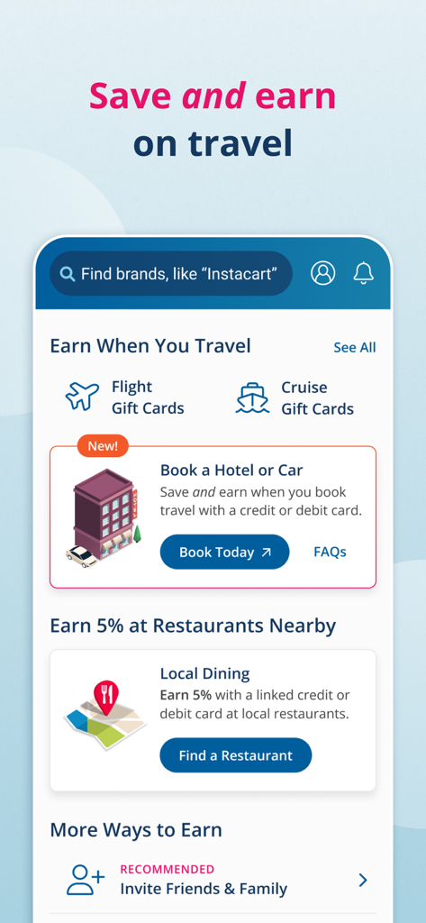 Interface of the RaiseRight app highlighting travel and local dining rewards for fundraising.